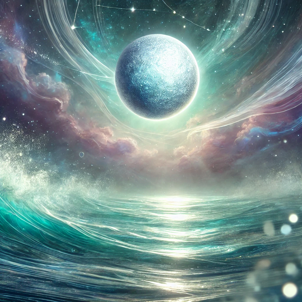 A mystical and dreamy celestial scene representing Mercury entering Pisces. A glowing planet Mercury with shimmering silver and blue hues floats above