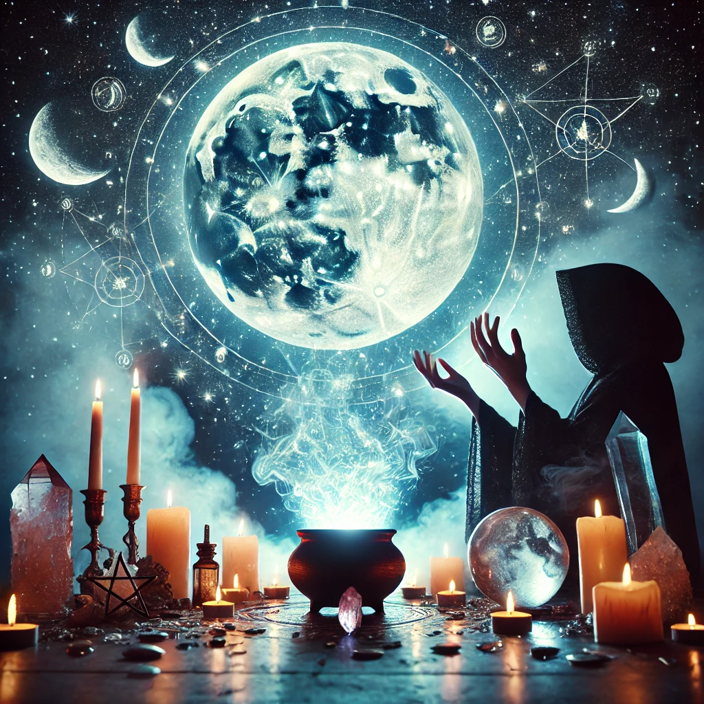 A mystical, celestial scene representing Moon Magick. A glowing full moon dominates the sky, casting an ethereal light on a witch's altar surrounded